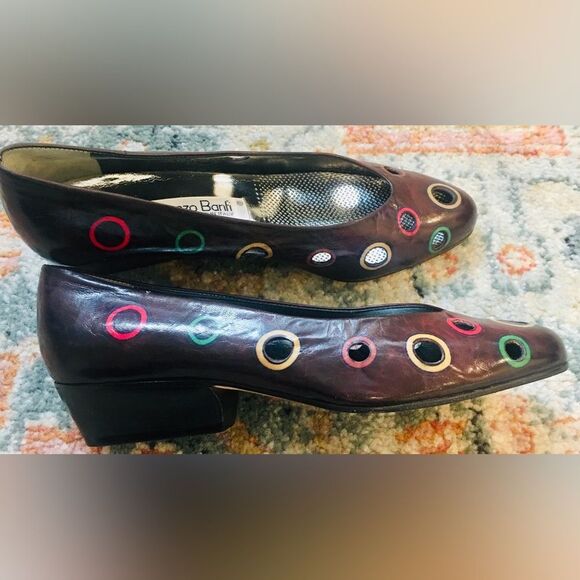 LORENZO BANFI Vintage Brown Leather Flats Circular Colorful Cutouts 36.5 Sz 6 - Picture 3 of 6